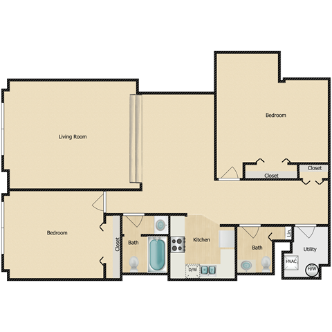 a floor plan of three suites with a large living room and two bedrooms